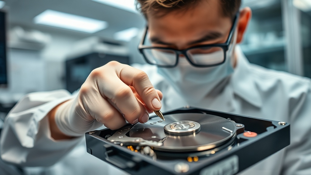 데이터 복구 센터에서 전문가가 손상된 하드 드라이브를 조심스럽게 점검하는 상황