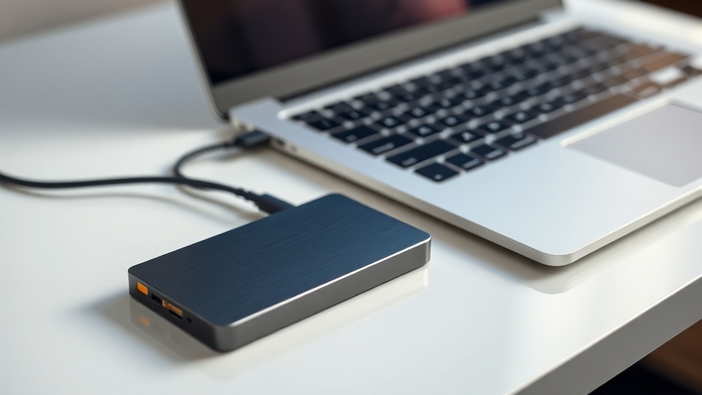고성능 외장 SSD가 노트북 옆에 배치되어 데이터 전송 속도를 시각적으로 암시하는 모습